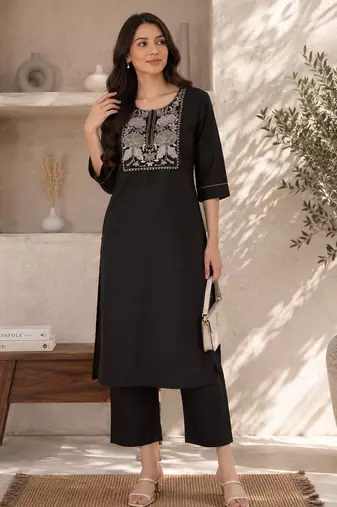 New women's latest black cotton blend floral embroidered kurta with trouser set