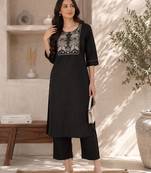 New women's latest black cotton blend floral embroidered kurta with trouser set