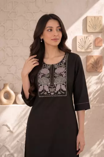New women's latest black cotton blend floral embroidered kurta with trouser set