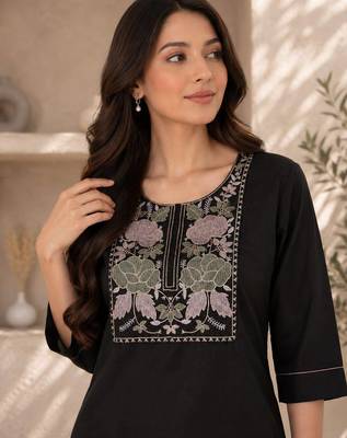 New women's latest black cotton blend floral embroidered kurta with trouser set 2