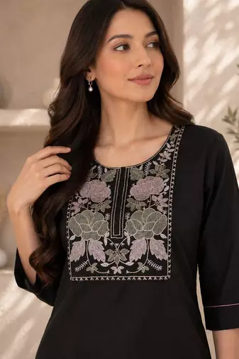 New women's latest black cotton blend floral embroidered kurta with trouser set