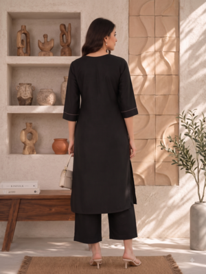 New women's latest black cotton blend floral embroidered kurta with trouser set 3