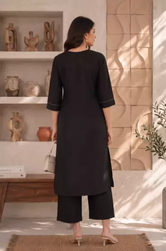 New women's latest black cotton blend floral embroidered kurta with trouser set