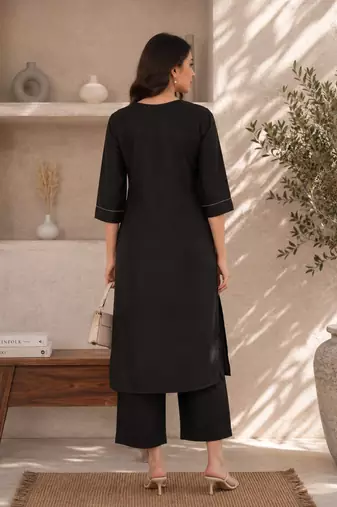 New women's latest black cotton blend floral embroidered kurta with trouser set