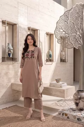 New women's latest brown cotton blend floral embroidered kurta with trouser set