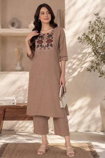 New women's latest brown cotton blend floral embroidered kurta with trouser set