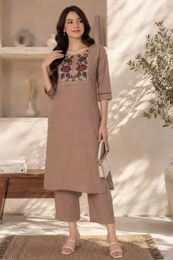 New women's latest brown cotton blend floral embroidered kurta with trouser set