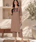 New women's latest brown cotton blend floral embroidered kurta with trouser set