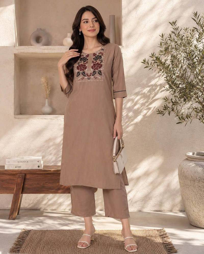 New women's latest brown cotton blend floral embroidered kurta with trouser set
