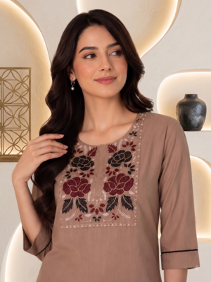 New women's latest brown cotton blend floral embroidered kurta with trouser set 2