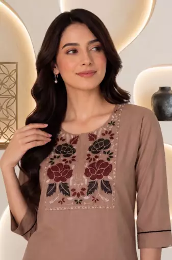 New women's latest brown cotton blend floral embroidered kurta with trouser set