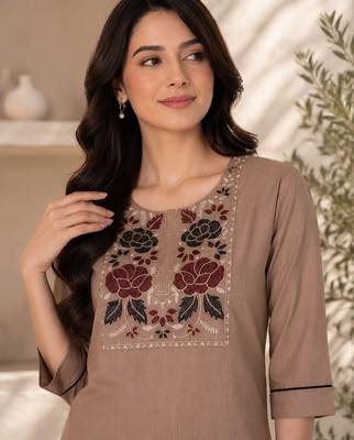 New women's latest brown cotton blend floral embroidered kurta with trouser set 2