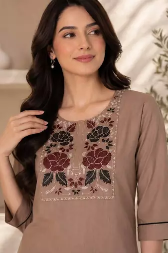 New women's latest brown cotton blend floral embroidered kurta with trouser set