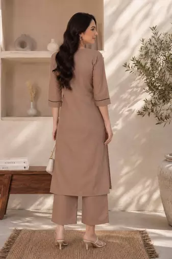 New women's latest brown cotton blend floral embroidered kurta with trouser set