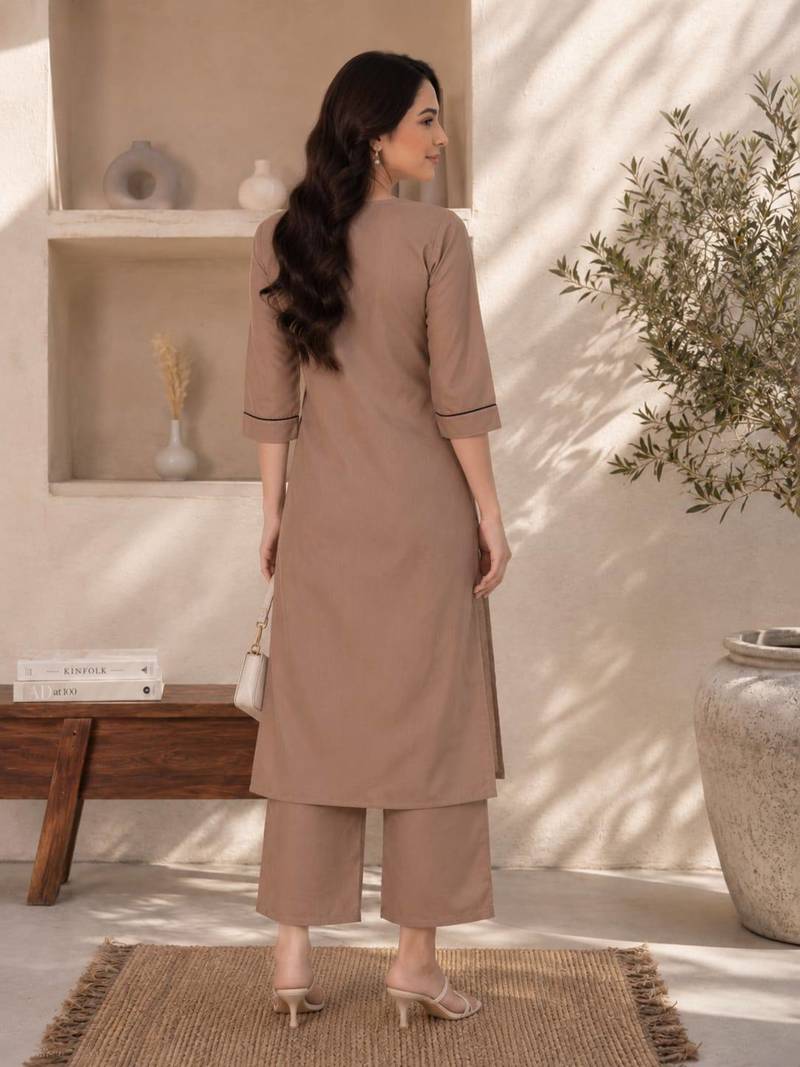 New women's latest brown cotton blend floral embroidered kurta with trouser set