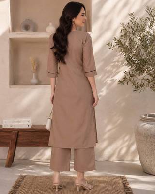 New women's latest brown cotton blend floral embroidered kurta with trouser set 3