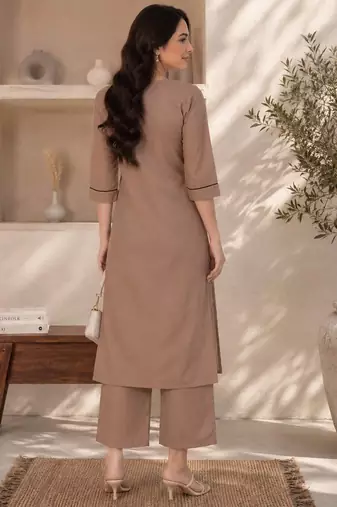 New women's latest brown cotton blend floral embroidered kurta with trouser set
