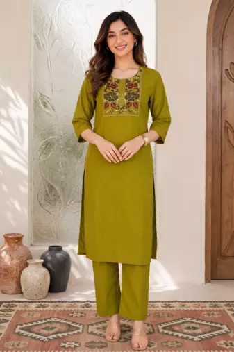 New women's latest green cotton blend floral embroidered kurta with trouser set