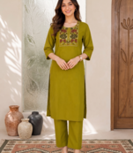 New women's latest green cotton blend floral embroidered kurta with trouser set