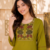 New women's latest green cotton blend floral embroidered kurta with trouser set