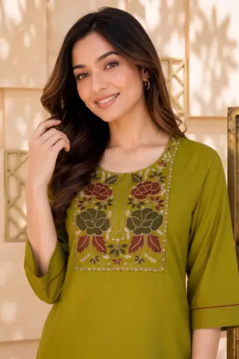 New women's latest green cotton blend floral embroidered kurta with trouser set