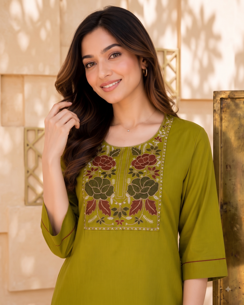 New women's latest green cotton blend floral embroidered kurta with trouser set