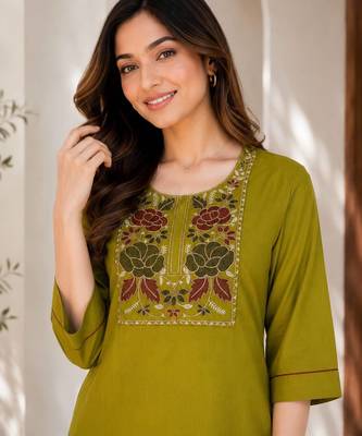 New women's latest green cotton blend floral embroidered kurta with trouser set 2