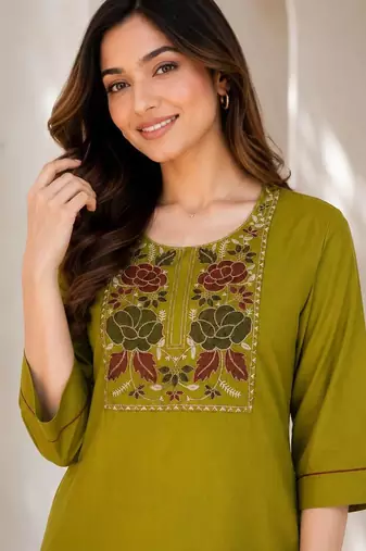 New women's latest green cotton blend floral embroidered kurta with trouser set