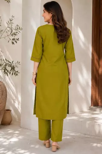 New women's latest green cotton blend floral embroidered kurta with trouser set