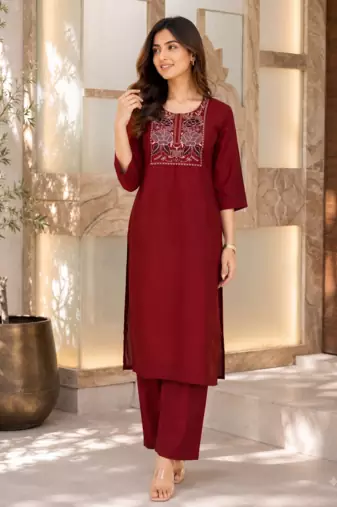 New women's latest maroon cotton blend floral embroidered kurta with trouser set