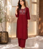 New women's latest maroon cotton blend floral embroidered kurta with trouser set
