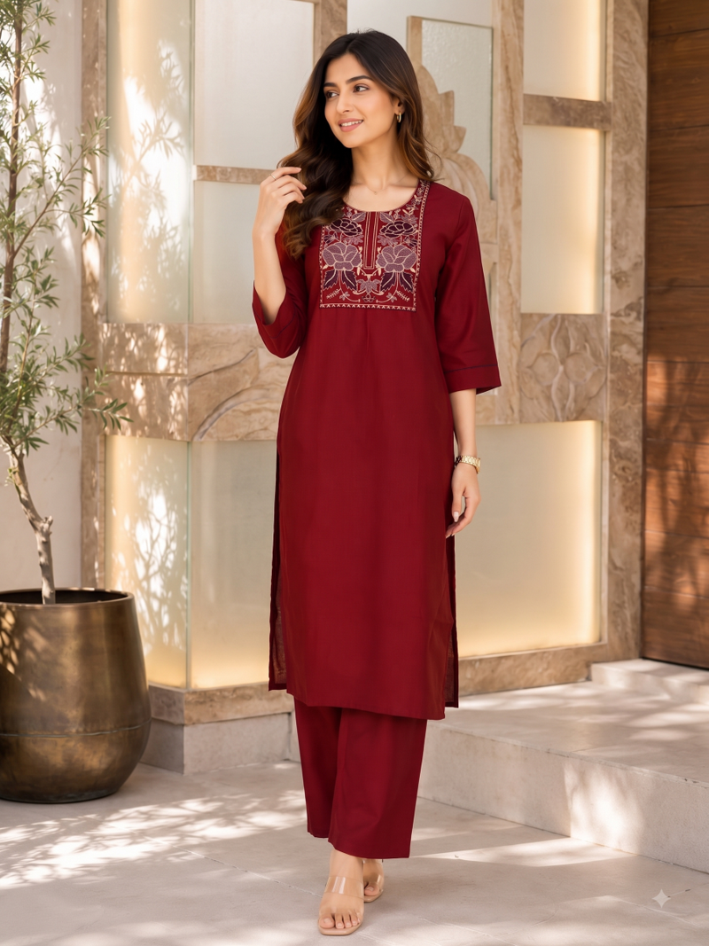 New women's latest maroon cotton blend floral embroidered kurta with trouser set