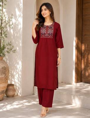 New women's latest maroon cotton blend floral embroidered kurta with trouser set 1