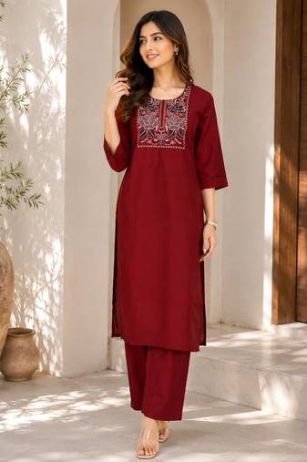 New women's latest maroon cotton blend floral embroidered kurta with trouser set