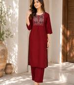 New women's latest maroon cotton blend floral embroidered kurta with trouser set