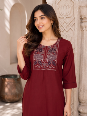 New women's latest maroon cotton blend floral embroidered kurta with trouser set 2