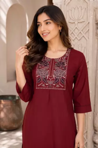 New women's latest maroon cotton blend floral embroidered kurta with trouser set