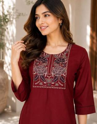 New women's latest maroon cotton blend floral embroidered kurta with trouser set 2