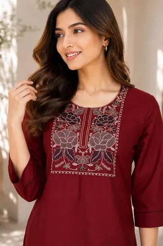 New women's latest maroon cotton blend floral embroidered kurta with trouser set
