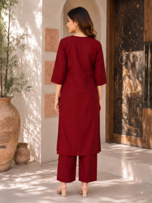 New women's latest maroon cotton blend floral embroidered kurta with trouser set 3