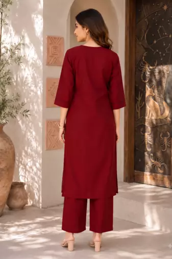 New women's latest maroon cotton blend floral embroidered kurta with trouser set