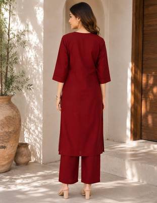 New women's latest maroon cotton blend floral embroidered kurta with trouser set 3
