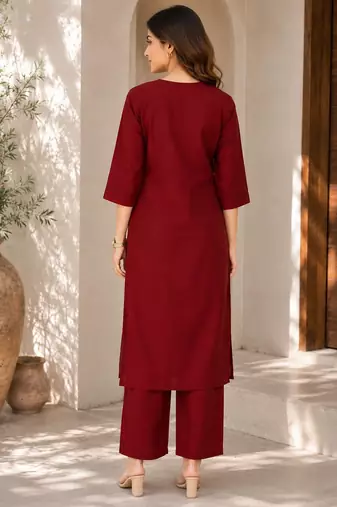 New women's latest maroon cotton blend floral embroidered kurta with trouser set