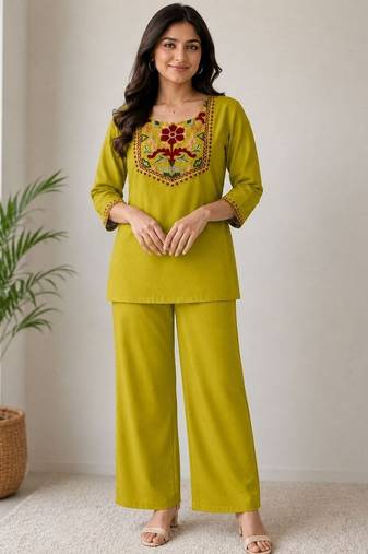 Women's daily wear stylish green embroidered cotton blend kurta with trouser set