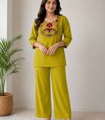 Women's daily wear stylish green embroidered cotton blend kurta with trouser set