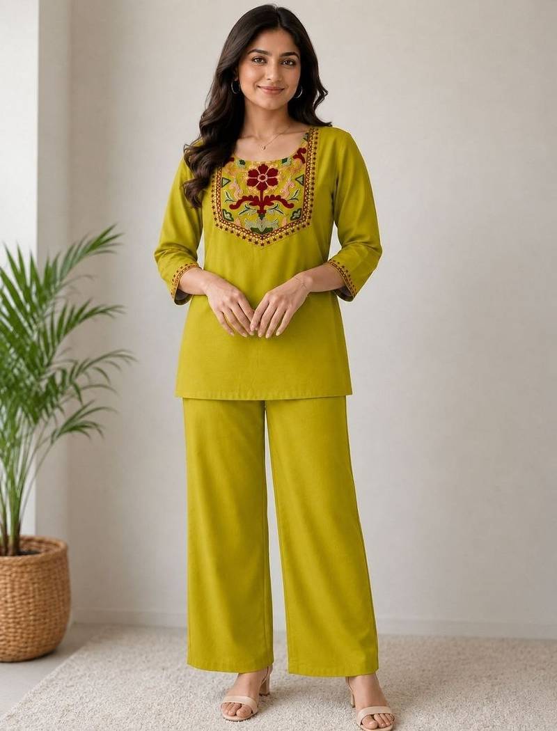 Women's daily wear stylish green embroidered cotton blend kurta with trouser set