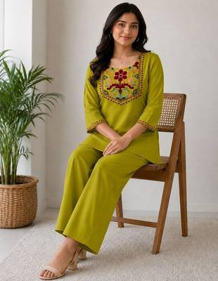 Women's daily wear stylish green embroidered cotton blend kurta with trouser set 2