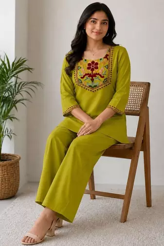 Women's daily wear stylish green embroidered cotton blend kurta with trouser set