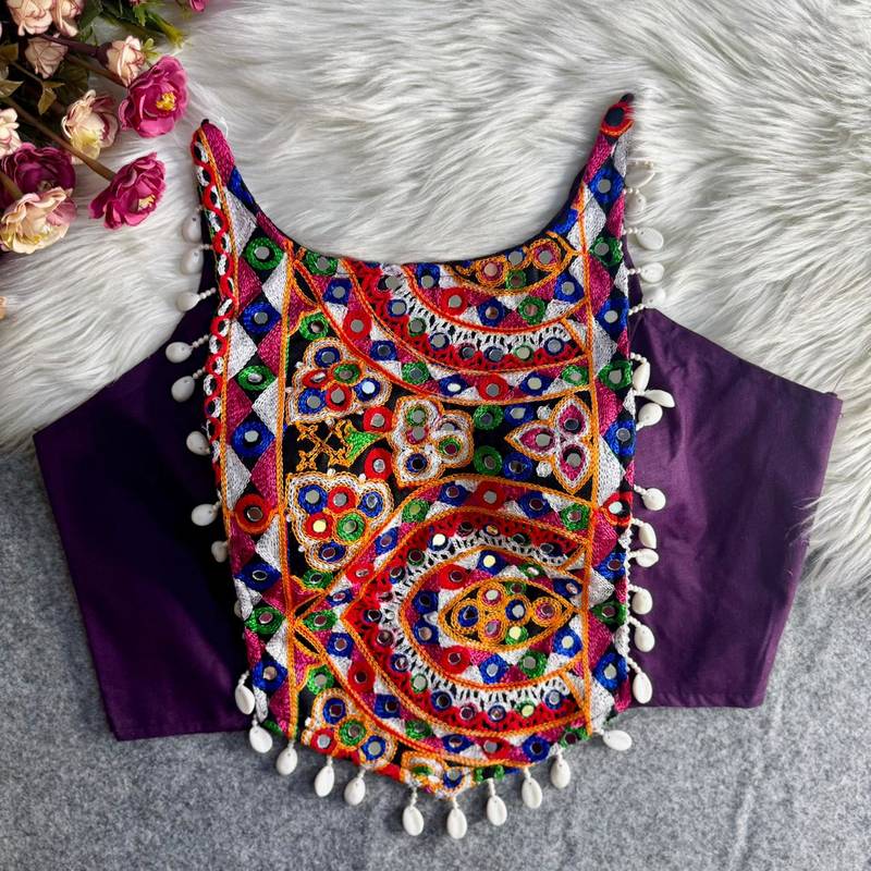 Purple navratri mirror work cotton gamthi embroidery blouse