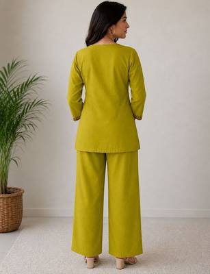 Women's daily wear stylish green embroidered cotton blend kurta with trouser set 3